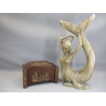 CHINESE ART DECO STYLE TEA CADDY TYPE BOX together with a Thai style carving of a mermaid