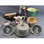 WEDGWOOD JASPERWARE TYPE POTTERY including a circular cheese dish, lustre vase, Blue Waters