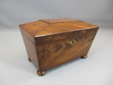 TEA CADDY - Victorian mahogany sarcophagus on bun feet, 16cms H, 25cms W, 14cms D