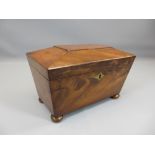 TEA CADDY - Victorian mahogany sarcophagus on bun feet, 16cms H, 25cms W, 14cms D