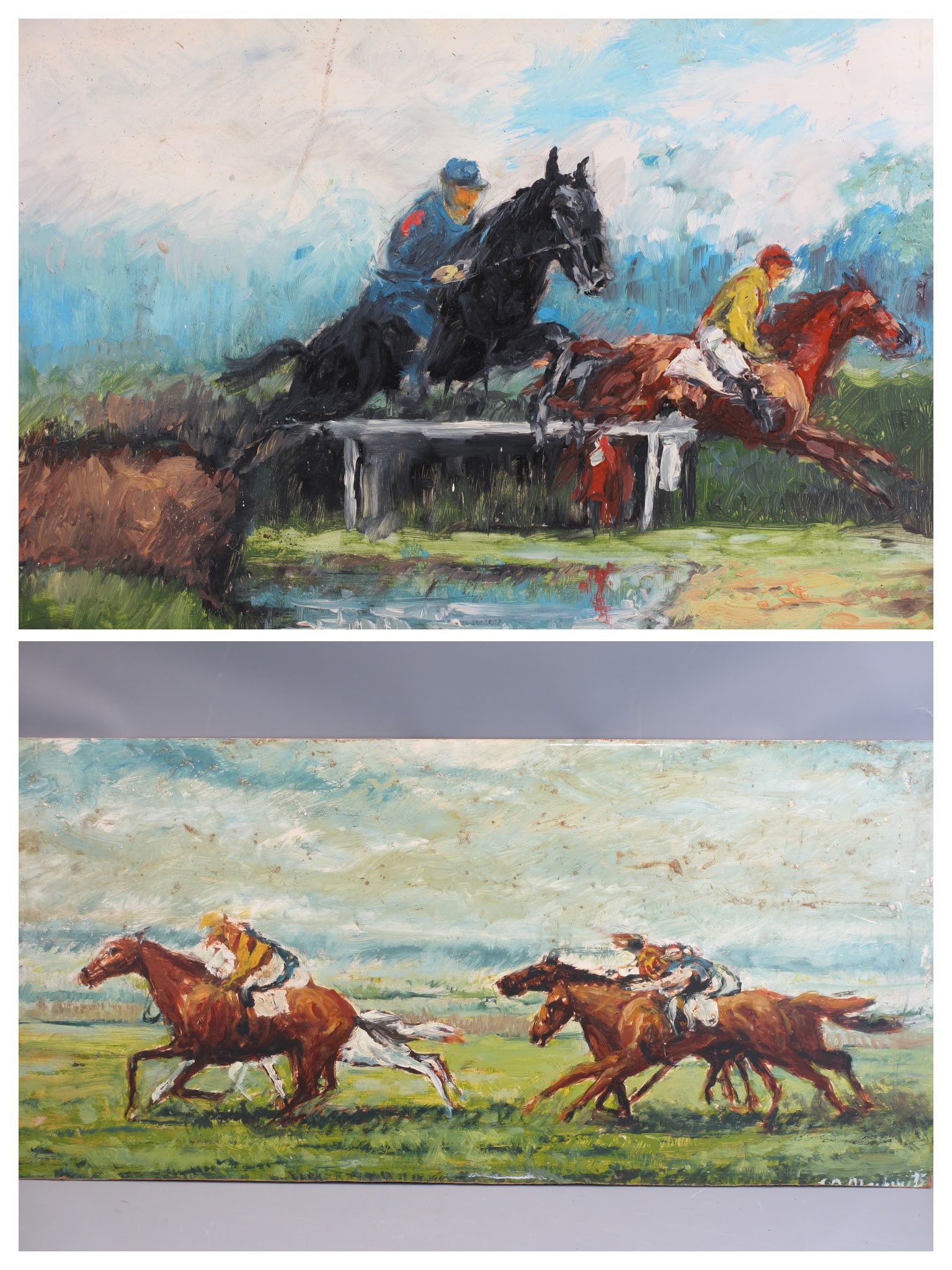 ALAN MACKAY acrylics on board (2) - horse racing scenes, both signed and dated '71 and '75, 45 x