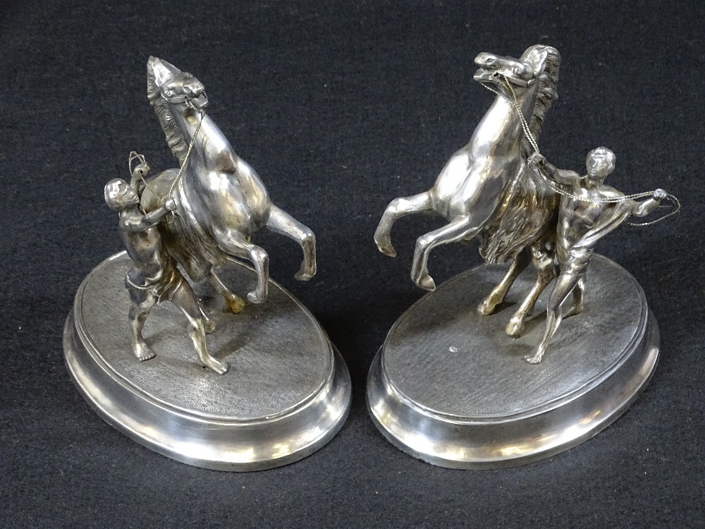 SILVERED MARLEY HORSES WITH ATTENDANTS, A PAIR - on oval bases, 22cms H, 18cms L - Image 2 of 3