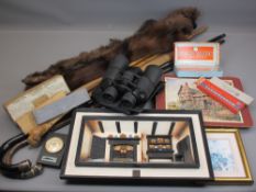 COLLECTABLES - four canes to include a carved dog's head, silver banded, also, modern binoculars,