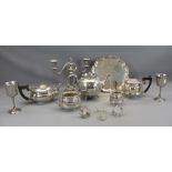 EPNS EMBOSSED THREE PIECE TEA SERVICE, bullet shaped teapot, EPNS calling card tray and other plated