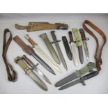 BAYONET COLLECTION (6), two leather belts and a vintage leather and wooden holster (part missing),