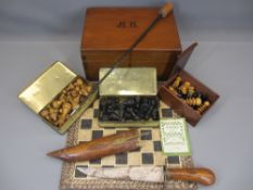 TREEN - chess pieces, work box, ETC. Also, an Indian dagger