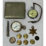 THOMAS RUSSELL & SON & SMITHS EMPIRE POCKET WATCHES, white metal cigar piercer, cigarette case,