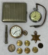 THOMAS RUSSELL & SON & SMITHS EMPIRE POCKET WATCHES, white metal cigar piercer, cigarette case,