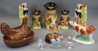 STAFFORDSHIRE COW CREAMER, kilted figure spillholders, vintage pin cushion dolls, Toby jugs, ETC