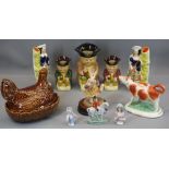 STAFFORDSHIRE COW CREAMER, kilted figure spillholders, vintage pin cushion dolls, Toby jugs, ETC