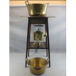 BRASS SPIRIT KETTLE, candle snuffer, two similar twin handled brass jam pans and a two tier