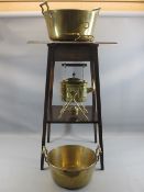 BRASS SPIRIT KETTLE, candle snuffer, two similar twin handled brass jam pans and a two tier