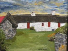 OWEN MEILIR oil on board (presumed) - white washed cottages below a sunset sky, 29 x 39cms