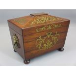 19TH CENTURY BRASS INLAID ROSEWOOD TEA CADDY having twin interior lidded compartments, the lids with