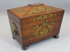 19TH CENTURY BRASS INLAID ROSEWOOD TEA CADDY having twin interior lidded compartments, the lids with