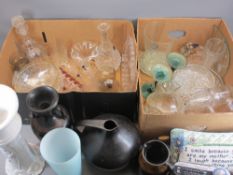 VINTAGE TWIST GLASS CANDLE LUSTRES IN GREEN, cut and other glassware, with a quantity of pottery