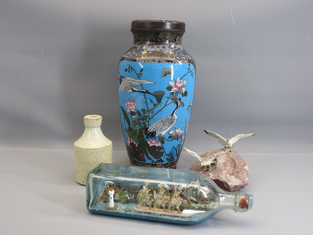 CLOISONNE VASE - 31cms tall plus a wooden lamp fitting, ornamental ship in a bottle, mineral