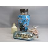 CLOISONNE VASE - 31cms tall plus a wooden lamp fitting, ornamental ship in a bottle, mineral
