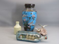 CLOISONNE VASE - 31cms tall plus a wooden lamp fitting, ornamental ship in a bottle, mineral