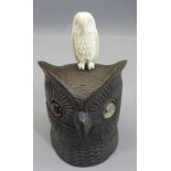 OWL COLLECTABLES - two items to include a carved wooden hinged ink pot, 8cms H and a circa 1900
