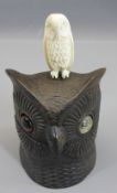 OWL COLLECTABLES - two items to include a carved wooden hinged ink pot, 8cms H and a circa 1900