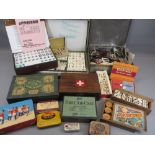 CARD GAMES, VINTAGE DOMINOES, draughts pieces and advertising tins, an assortment. Also, tin