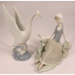 LLADRO FIGURINE - a seated girl with a dove, 17cms tall, also a Nao swan, 18.5cms tall