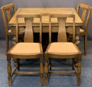 GOOD VINTAGE OAK DRAW LEAF DINING TABLE & FOUR CHAIRS - the table on substantial bulbous and block
