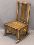 CIRCA 1800 OAK LAMBING CHAIR/ROCKER - the single side drawer with brass swan neck handle, 81cms H,