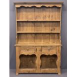 VINTAGE STRIPPED PINE POT BOARD DRESSER having a two shelf rack with shaped frieze and moulded