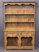 VINTAGE STRIPPED PINE POT BOARD DRESSER having a two shelf rack with shaped frieze and moulded
