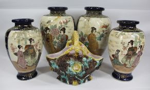 SATSUMA VASES, TWO PAIRS - 33cms and 28cms respectively and a Majolica basket