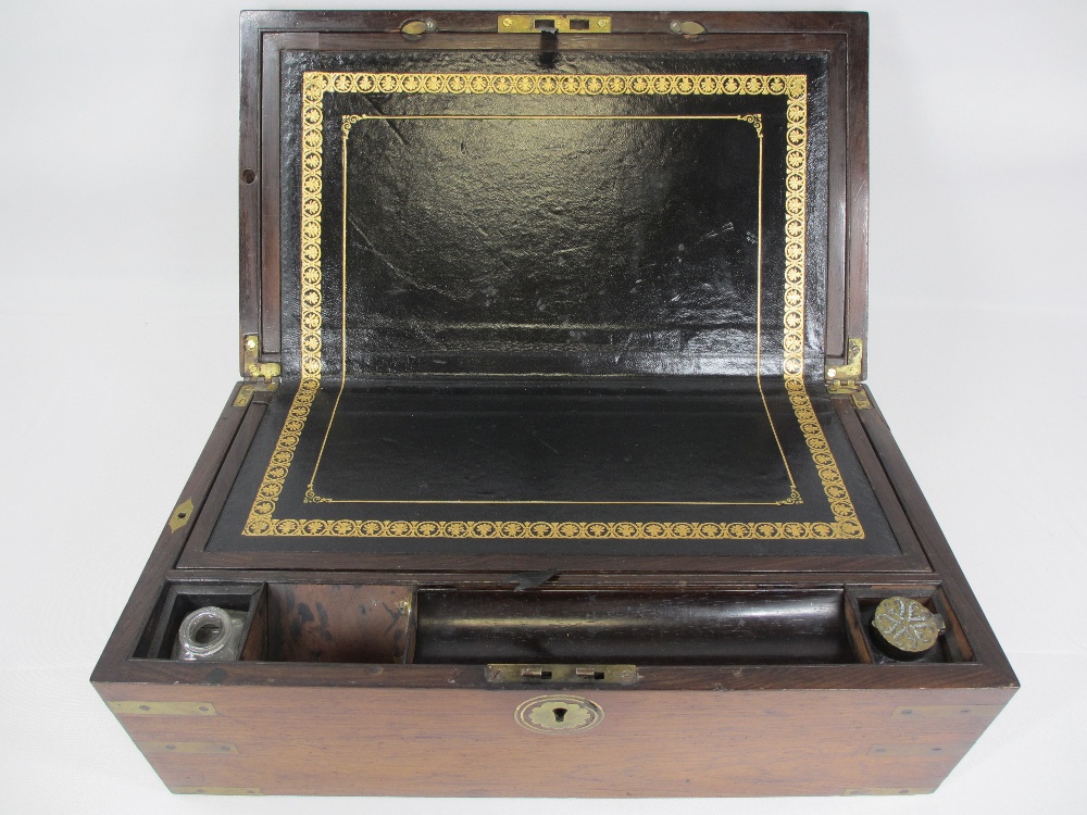 ANTIQUE WRITING SLOPE - brass bound and floral brass central insert having a leather tooled - Image 3 of 3