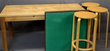 PINE FARMHOUSE TABLE, THREE CIRCULAR TOP & BENTWOOD TYPE STOOLS with a baize top folding card table,