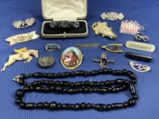 VICTORIAN & LATER BROOCHES and a Jet style black glass necklace, brooches include a metal mounted