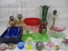 ART GLASS, PAPERWEIGHTS, oil lamps, dressing table sets, ETC