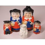 ROYAL WORCESTER TOBY JUGS (2) - Jolly Lady Shopper Toby jugs, one with hat as lid, 14cms H, pink