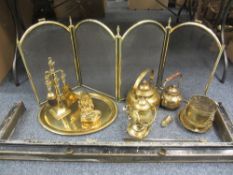 BRASSWARE - spirit kettle, fire irons, ETC, a large assortment. Also, a folding spit guard and