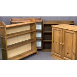 VINTAGE OPEN BOOKSHELVES (3) and a modern pine two door cabinet, the bookcases include an oak