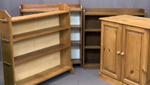 VINTAGE OPEN BOOKSHELVES (3) and a modern pine two door cabinet, the bookcases include an oak