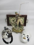 CAPODIMONTE MODEL OF A FISHERMAN on a yellow metal base, 33cms H (excluding rod). Also, two
