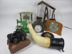MANTEL CLOCKS - Smiths, Art Deco style Sectric, slate and another. Also, a cow horn powder container