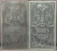 TWO ETCHED VICTORIAN GLASS WINDOW PANELS for St George's Stores - 99cms H, 55cms W