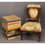 MODERN BOOK FASHIONED TABLE and a vintage mahogany and upholstered salon chair, 48.5cms H, 35.5cms