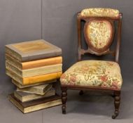 MODERN BOOK FASHIONED TABLE and a vintage mahogany and upholstered salon chair, 48.5cms H, 35.5cms