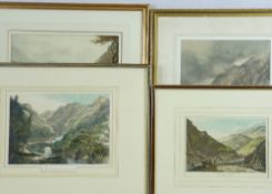 UNSIGNED WATERCOLOUR and three antique tinted prints of Point Aberglaslyn North Wales, the
