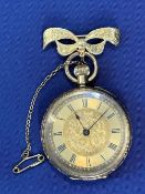 ANTIQUE 18CT GOLD CASED LADY'S FOB WATCH - with 9ct gold bow bar, the case back and rim foliate