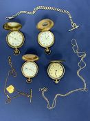 FOUR VINTAGE FULL & HALF HUNTER POCKET WATCHES, silver Albert with T bar and two further chains, the