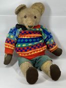 VINTAGE STRAW FILLED TEDDY BEAR - 60cms L with growler, humpback and jointed limbs, playworn