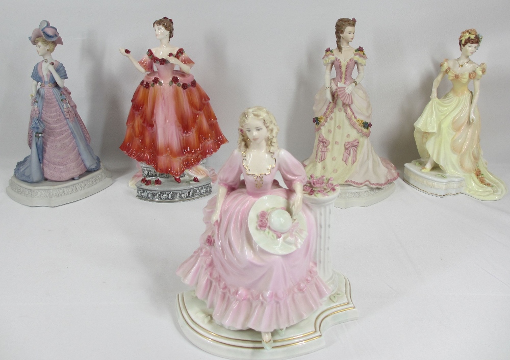 COALPORT FIGURINES (5) - Evening Ball, Royal Enclosure at Ascot, Sweet Juliet, Marlina and May